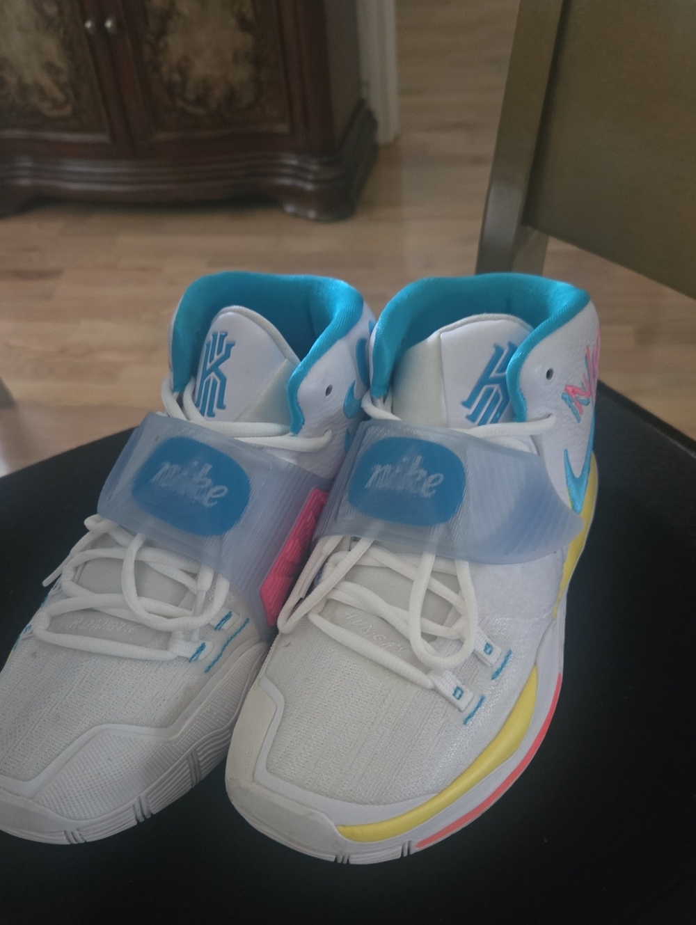 Nike Men's Basketball Sneakers - White with Teal, Yellow & Pink